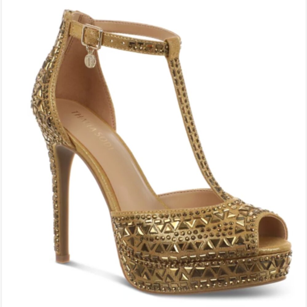 Thalia Sodi Women's Chacey Embellished T-Strap Platform Pumps Gold 9.5 W